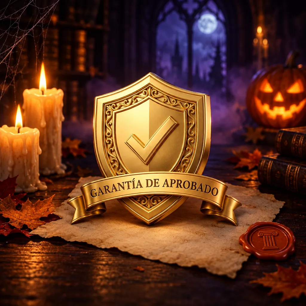Sello dorado de «Garantía de aprobado» sobre un pergamino, a la luz de las velas