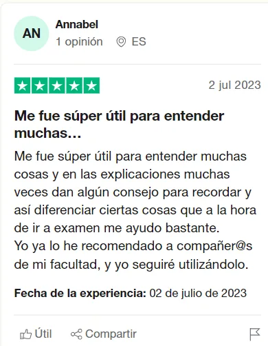 Captura de la reseña de Annabel en Trustpilot, con 5 estrellas: «Me fue súper útil para entender muchas…»