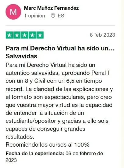 Captura de la reseña de Marc Muñoz Fernandez en Trustpilot, con 5 estrellas: «Para mí Derecho Virtual ha sido un… Salvavidas»