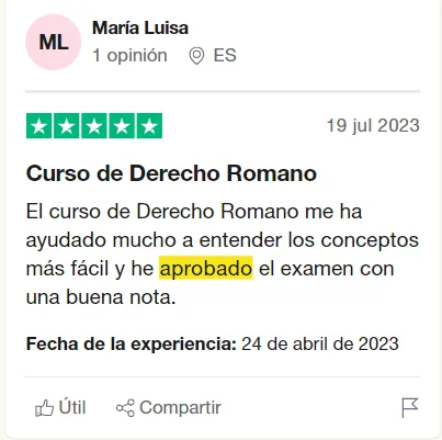 Captura de la reseña de María Luisa en Trustpilot, con 5 estrellas: «Curso de Derecho Romano»