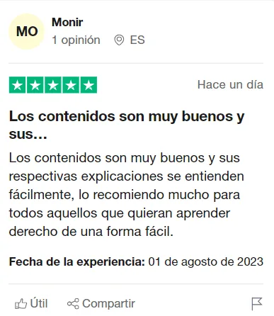 Captura de la reseña de Monir en Trustpilot, con 5 estrellas: «Los contenidos son muy buenos y sus…»
