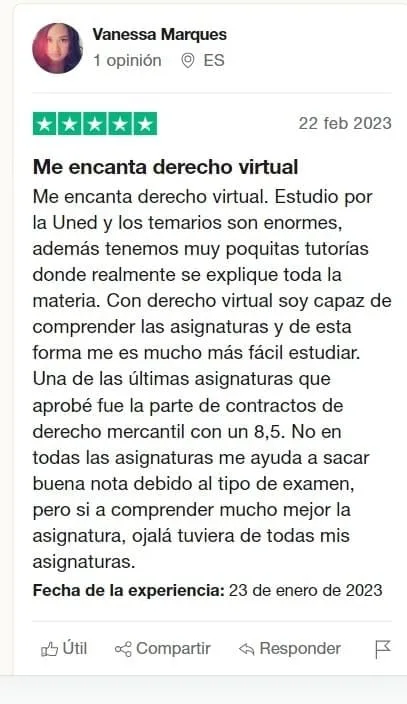 Captura de la reseña de Vanessa Marques en Trustpilot, con 5 estrellas: «Me encanta derecho virtual»